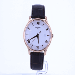 Reloj Tissot Tradition de hombre, caja de acero dorada y correa de piel  T0636103603800.