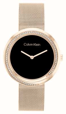 Calvin Klein Mujer | esfera negra | pulsera de malla de acero inoxidable en tono oro rosa 25200151