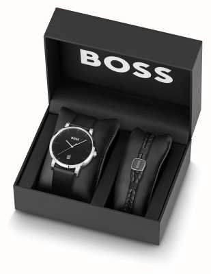 BOSS Confianza de los hombres | set de regalo | reloj de esfera negra con pulsera de cuero 1570145
