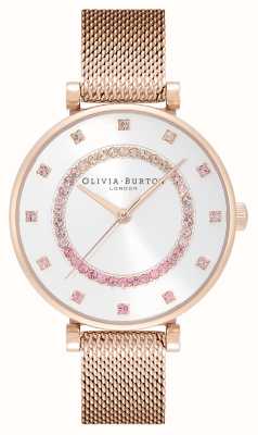 Olivia Burton Belgrave | esfera plateada | conjunto de cristal | pulsera de malla de acero en oro rosa 24000006