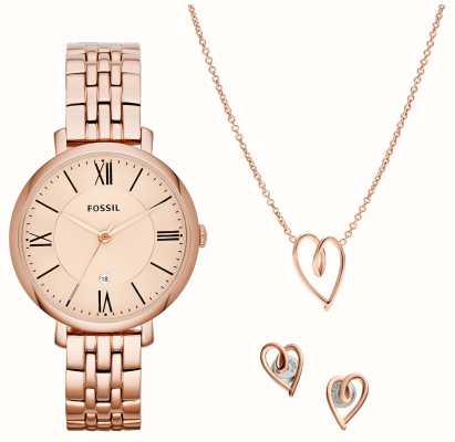 Fossil Set de regalo Jacqueline | reloj en tono oro rosa | collar con colgante de corazón | aretes de corazón ES5252SET