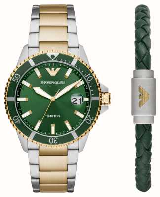Emporio Armani Set de regalo para hombre | esfera verde | pulsera bicolor | pulsera de cuero verde AR80063SET