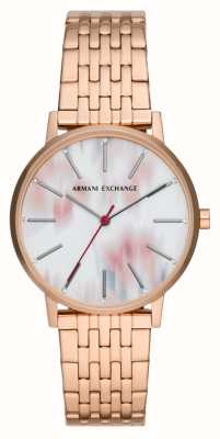 Armani Exchange Mujer | esfera rosa y blanca | pulsera de acero inoxidable de oro rosa AX5589