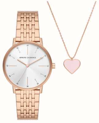 Armani Exchange Set de regalo para mujer | reloj de acero inoxidable de oro rosa | collar de corazón rosa AX7145SET