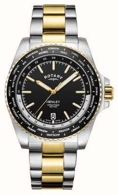 Rotary henley | hora mundial | esfera negra | pulsera de dos tonos GB05371/04