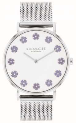 Coach perada de las mujeres | esfera blanca | flores moradas | pulsera de malla de acero 14504100