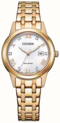Citizen Cristal de silueta de mujer | conducción ecológica | esfera blanca | pulsera de acero inoxidable en tono dorado FE1243-83A