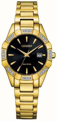 Citizen Brazalete de acero inoxidable en tono dorado con esfera negra y diamante eco-drive para mujer EW2652-55E