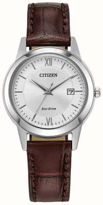 Citizen Reloj eco-drive para mujer con esfera plateada y correa de piel marrón. FE1087-28A
