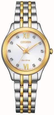 Citizen Reloj de mujer silueta diamante eco-drive esfera blanca pulsera bicolor acero inoxidable EM1014-50A