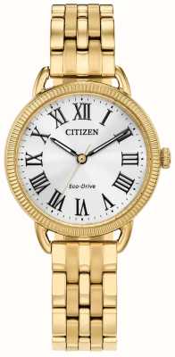 Citizen Clásico eco-drive para mujer, esfera blanca, pulsera de acero inoxidable en tono dorado. EM1052-51A