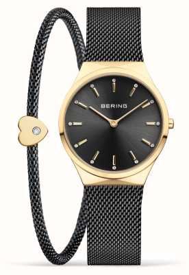Bering Juego de pulsera y reloj clásico negro y oro pulido para mujer. 12131-132-GWP
