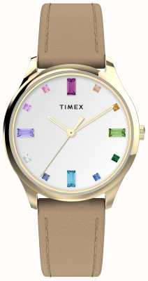 Timex Reloj Main Street para mujer con esfera de cristal arcoíris blanco y correa de piel marrón. TW2V76300