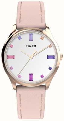 Timex Reloj Main Street para mujer con esfera de cristal blanco y correa de piel rosa. TW2V76400