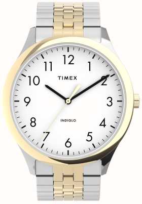 Timex Reloj de hombre de fácil lectura (40 mm) con esfera blanca/brazalete de acero inoxidable de dos tonos TW2U40000