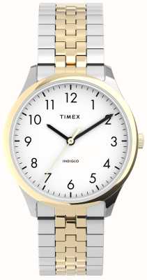 Timex Reloj de lectura fácil para mujer (32 mm) esfera blanca/brazalete de acero inoxidable de dos tonos TW2U40400