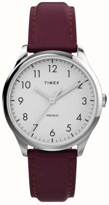 Timex Reloj moderno para mujer fácil de leer esfera blanca/correa de piel burdeos TW2V36100