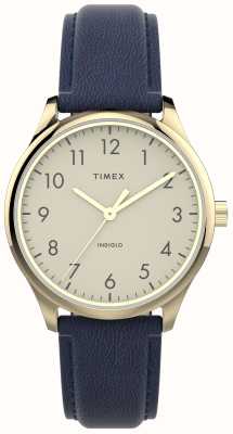 Timex Reloj moderno para mujer fácil de leer, esfera color crema/correa de piel azul marino. TW2V36200