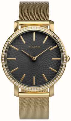 Timex Esfera negra transcend para mujer/pulsera de malla de acero en tono dorado TW2V52300
