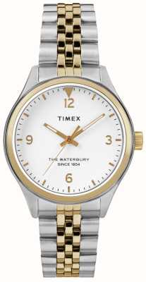 Timex Reloj de mujer Waterbury con esfera blanca/brazalete bicolor de acero inoxidable. TW2R69500