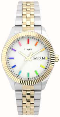 Timex Brazalete de acero inoxidable de dos tonos con esfera blanca y arcoíris heredado para mujer TW2V61600