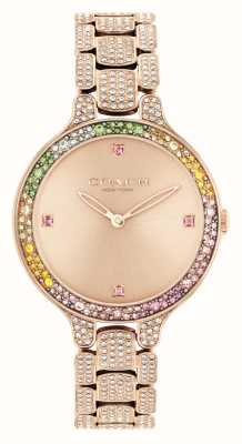 Coach Reloj Chelsea para mujer con esfera de oro rosa y bisel de cristal arcoíris/pulsera de cristal de oro rosa 14504166
