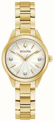 Bulova Reloj Sutton clásico para mujer (28 mm) con esfera plateada/pulsera dorada de acero inoxidable 97P150