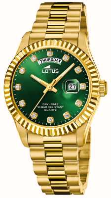 Lotus Reloj Freedom para hombre (41,5 mm) con esfera verde/pulsera de acero inoxidable en tono dorado L18857/6