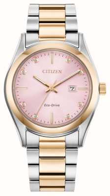 Citizen Reloj eco-drive para mujer (33 mm) con esfera rosa engastada de diamantes/brazalete de acero inoxidable en dos tonos EW2706-58X