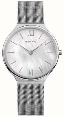 Bering Reloj de mujer ultradelgado (34 mm) con esfera de nácar/pulsera de malla de acero inoxidable 18434-000