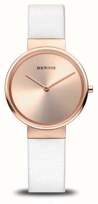 Bering Reloj clásico para mujer (31 mm) con esfera de oro rosa/correa de piel blanca 14531-266