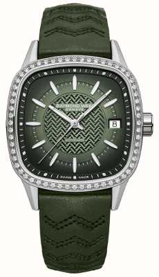 Raymond Weil Reloj freelancer automático para mujer con esfera verde de 60 diamantes (34,5 mm) y correa de piel verde 2490-SCS-52051