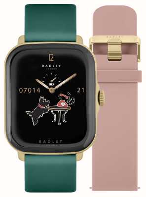 Radley Reloj inteligente para llamadas Serie 20 (37 mm) con juego de correa intercambiable de silicona rosa y cuero verde RYS20-2124-SET