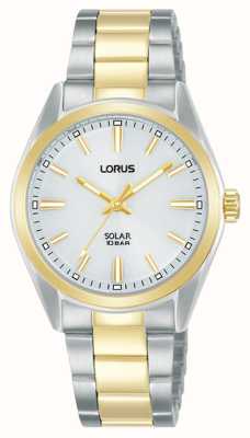 Lorus Reloj deportivo solar de 100 m (31 mm) con esfera blanca tipo rayos de sol/acero inoxidable bicolor RY506AX9