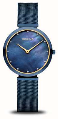Bering Reloj clásico para mujer (32 mm) con esfera de nácar azul y pulsera de malla de acero inoxidable azul 18132-399
