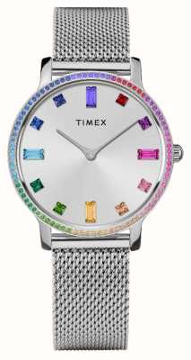 Timex Pulsera de malla de acero inoxidable y cristales arcoíris con esfera plateada (34 mm) para mujer TW2W19100