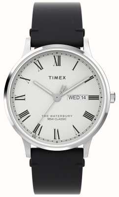 Timex Reloj Waterbury Classic para hombre (40 mm) con esfera blanca y correa de piel negra. TW2W15000