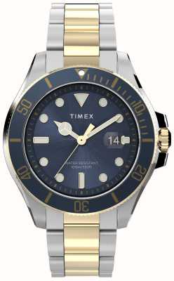 Timex Reloj costero junto al puerto para hombre (43 mm) con esfera azul y brazalete de acero inoxidable de dos tonos TW2V42000