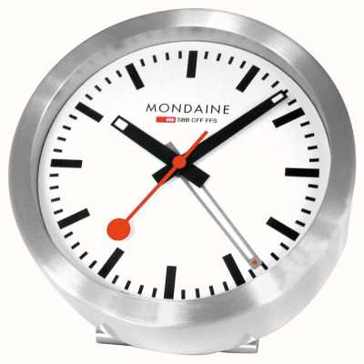 Mondaine Mini reloj despertador Sbb con segundero amplio (12,5 cm), esfera blanca y caja de aluminio plateada A997.MCAL.16SBB.1