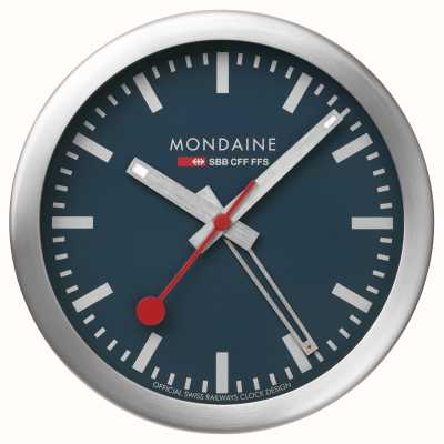 Mondaine Reloj despertador Sbb con segundero amplio (12,5 cm), esfera azul y caja de aluminio plateada A997.MCAL.46SBV.1