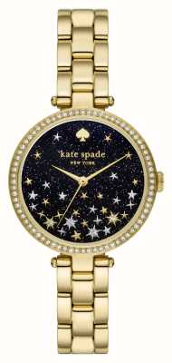 Kate Spade Esfera negra brillante Holland (34 mm)/brazalete de acero inoxidable en tono dorado KSW1814
