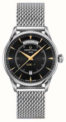 Certina Reloj ds-1 para hombre con fecha de día (40 mm) y esfera negra/pulsera de malla de acero C0294301105100