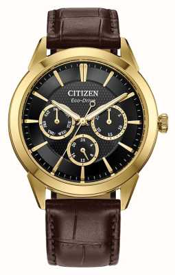 Citizen Reloj eco-drive (40 mm) para hombre con esfera negra y correa de piel marrón BU2112-06E