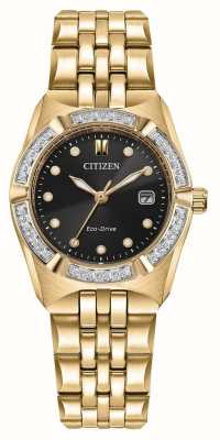 Citizen Corso eco-drive (28 mm) para mujer con esfera negra y pulsera de acero inoxidable en tono dorado EW2712-55E