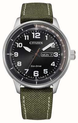 Citizen Reloj eco-drive urban (42 mm) para hombre con esfera negra y correa de lona verde BM8590-10E