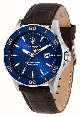 Maserati Reloj de competición para hombre (43 mm) con esfera azul y correa de piel marrón. R8851100004