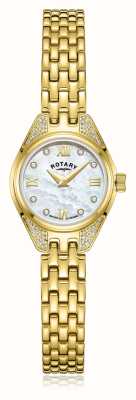 Rotary Reloj tradicional de cuarzo con diamantes (20 mm), esfera de nácar y brazalete de acero inoxidable con PVD dorado LB05143/41/D