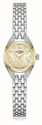 Rotary Reloj tradicional de cuarzo con diamantes (20 mm), esfera de nácar color champán y brazalete de acero inoxidable. LB05141/94/D