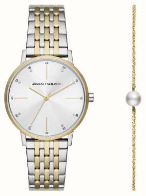 Armani Exchange Set de regalo de reloj y pulsera para mujer (36 mm) con esfera plateada y brazalete de acero inoxidable bicolor AX7156SET
