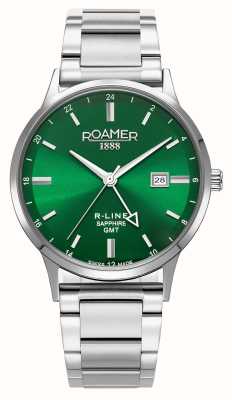 Roamer Esfera verde R-line gmt (43 mm) / brazalete de acero inoxidable intercambiable y correa de cuero negra 990987 41 75 05